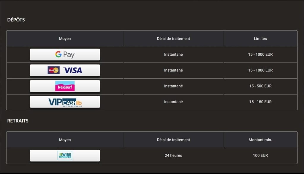 Moyens de paiement mega win