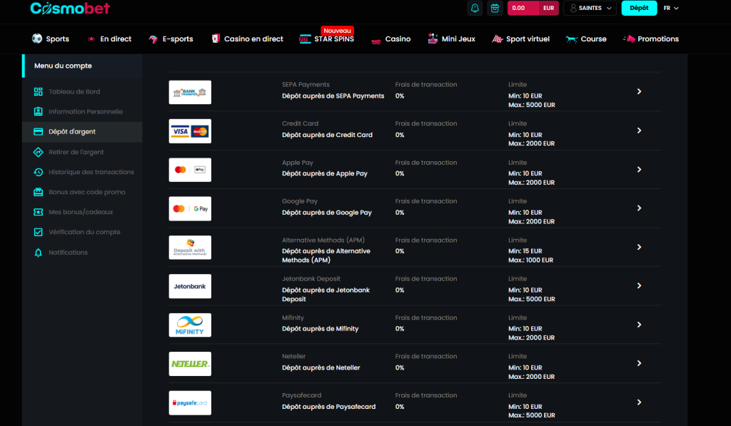 cosmobet Options de Paiement