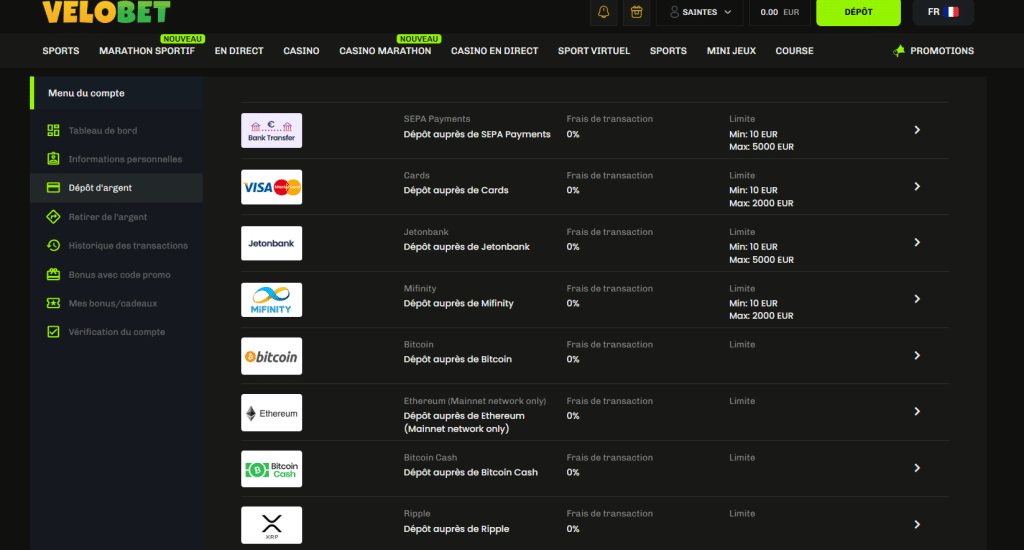 velobet options de paiement