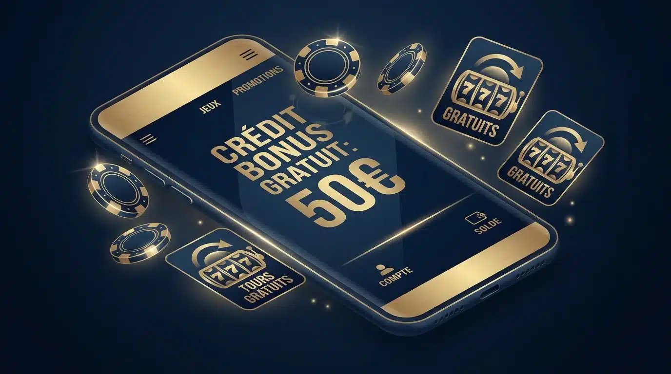 Interface mobile d'un casino en ligne affichant un bonus sans dépôt en euros