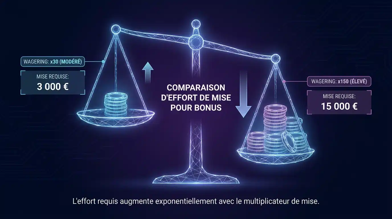 Infographie comparant les conditions de mise x30 et x150 sur un bonus sans dépôt