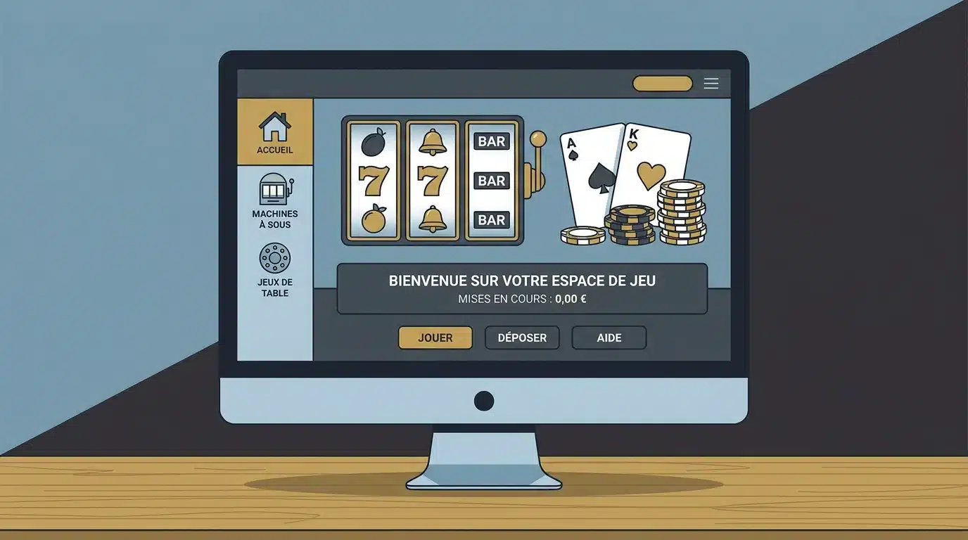 Interface de casino en ligne avec machines à sous et jetons de jeu