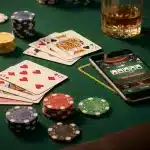 Table de casino élégante avec jetons, cartes et smartphone affichant un jeu en ligne
