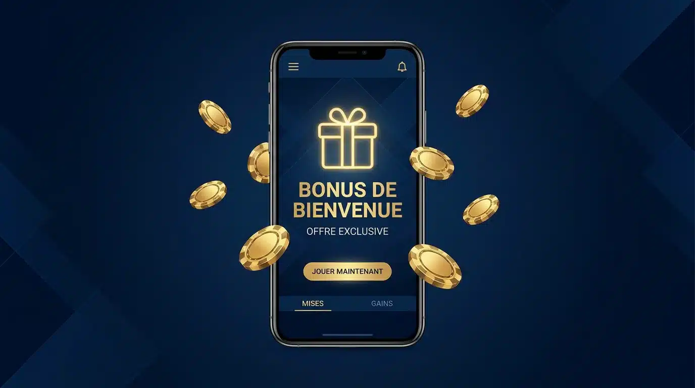 Écran de smartphone affichant un bonus de casino gratuit sans dépôt avec des jetons dorés