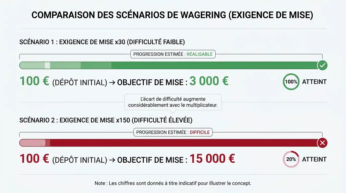 Infographie comparant les conditions de wagering x30 et x150 pour un bonus sans dépôt