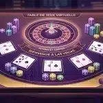 Table de casino virtuelle avec jetons, cartes et roulette dans une ambiance Las Vegas