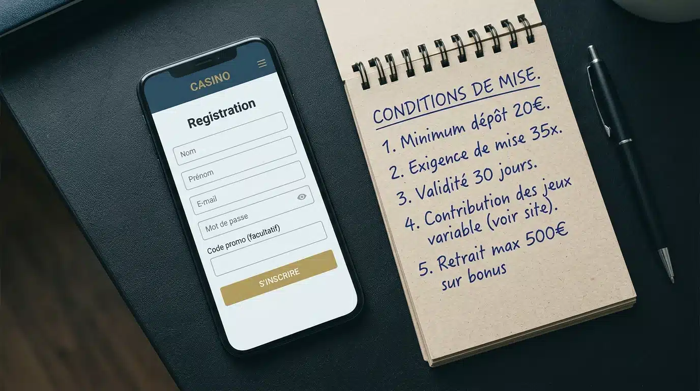 Saisie d'un code promo de casino sur un smartphone avec conditions de mise notées