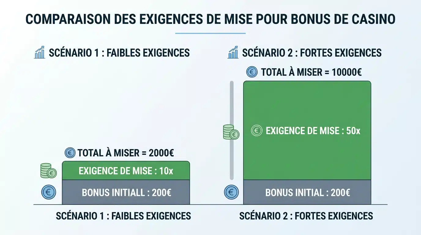 Comparaison visuelle de deux niveaux de conditions de mise sur un bonus de casino