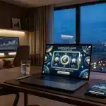 Ordinateur portable et smartphone affichant un casino en ligne dans un bureau moderne