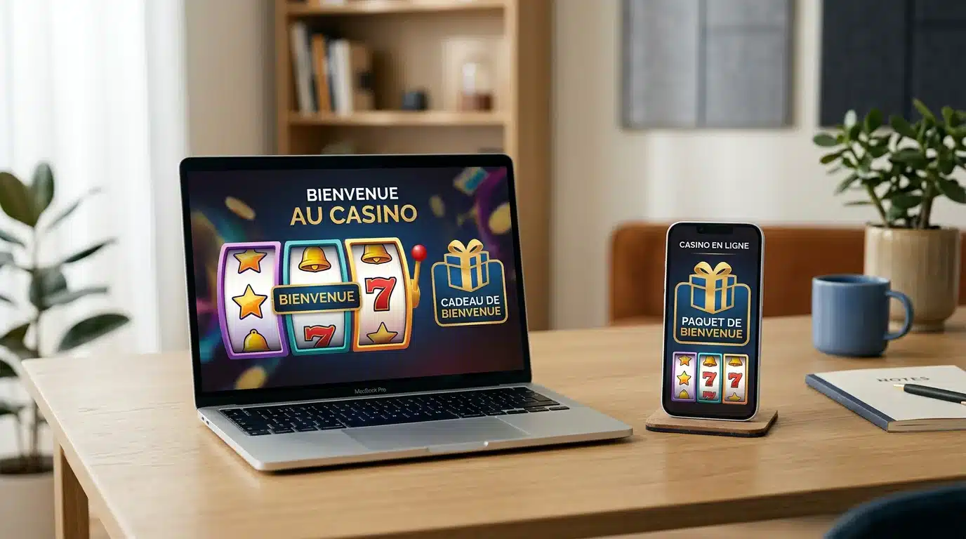 Illustration d'un bonus de bienvenue de casino en ligne affiché sur smartphone et ordinateur