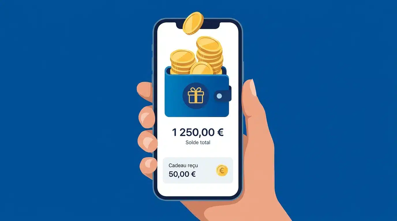 Illustration d'un bonus sans dépôt encaissable sur smartphone avec pièces et portefeuille numérique