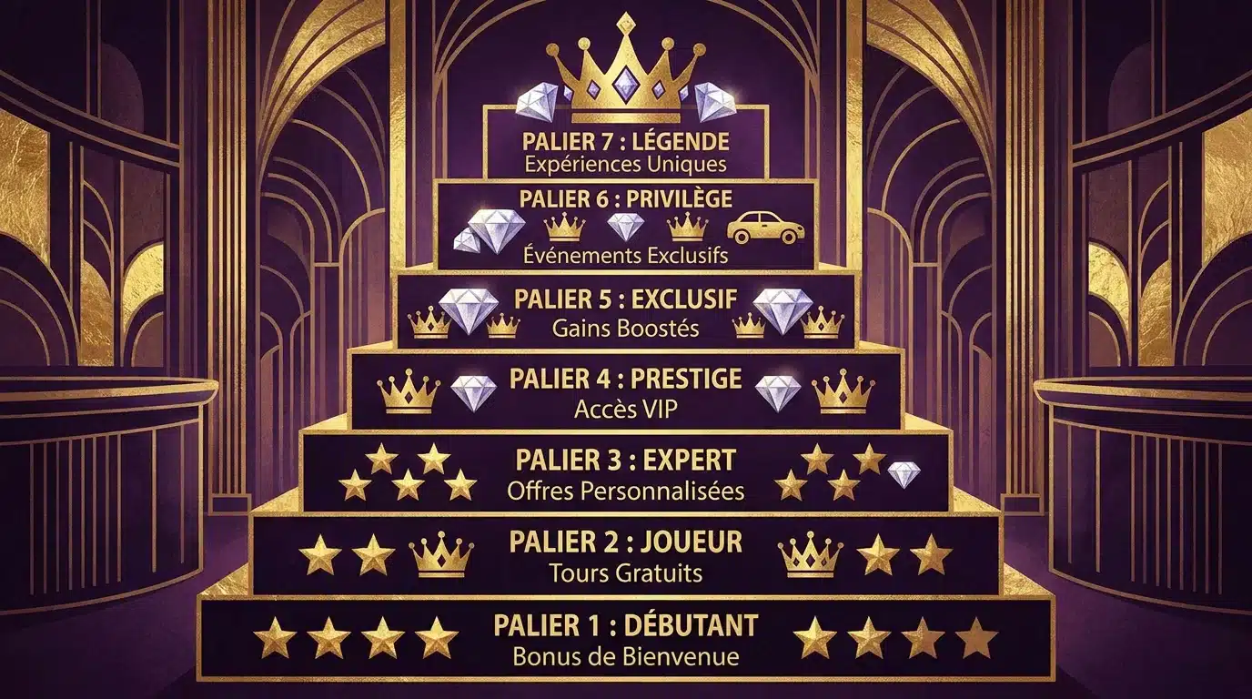 Pyramide illustrant les 7 niveaux du programme VIP d'un casino en ligne