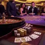 Table de casino élégante avec jetons et roulette dans une ambiance sophistiquée