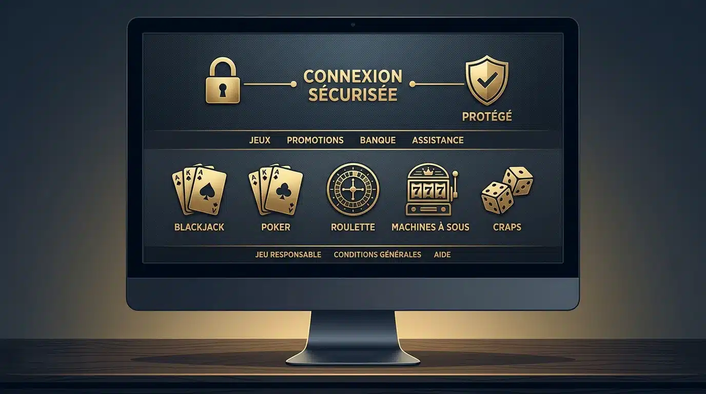 Interface sécurisée d'un casino en ligne avec icônes de jeux et symboles de protection