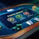 Vue stylisée d'une table de casino en ligne avec jetons et bonus