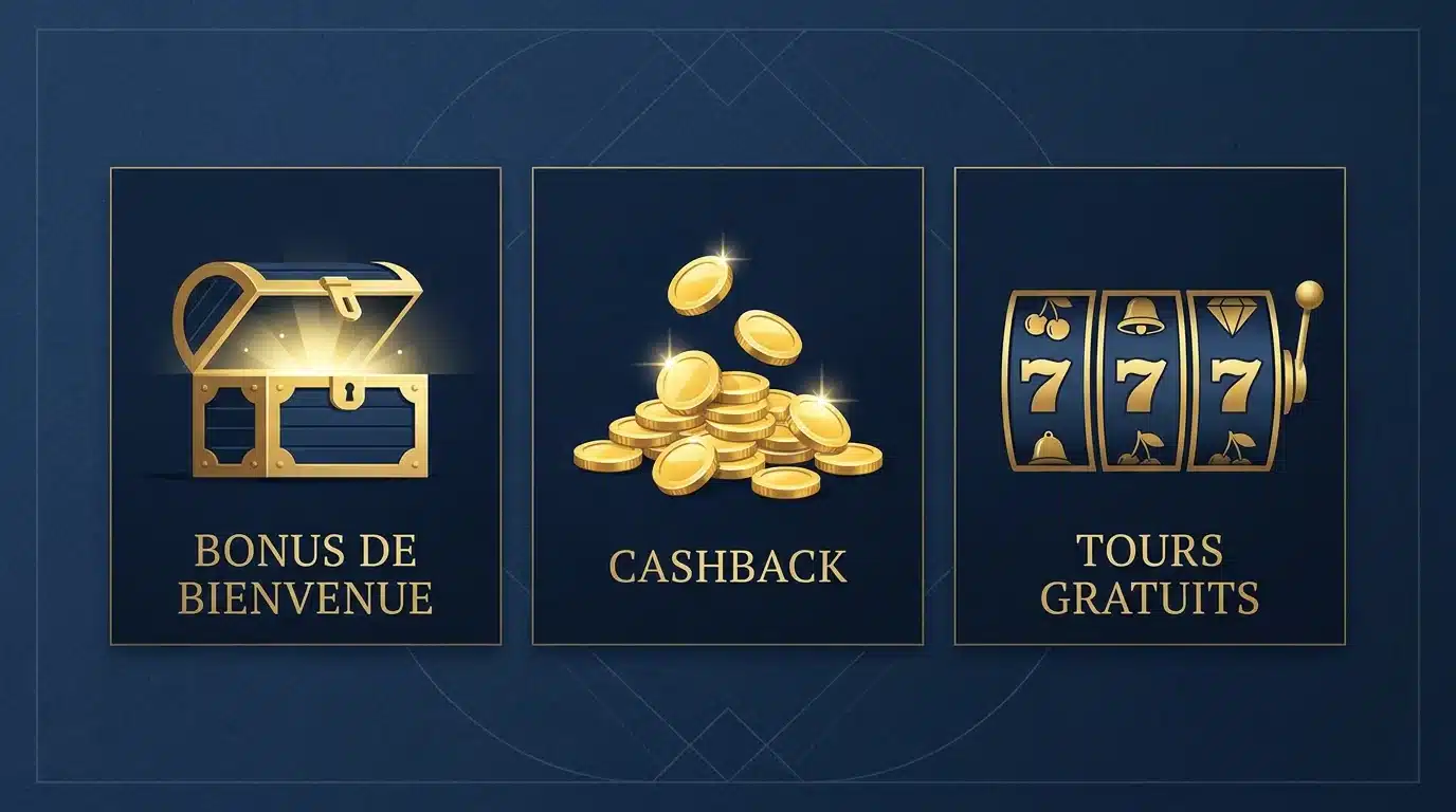 Illustration des différents types de bonus de casino en ligne : bienvenue, cashback et tours gratuits