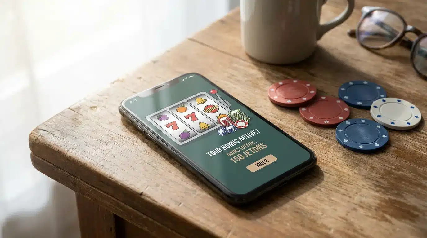 Smartphone affichant une interface de bonus de casino en ligne sur écran mobile