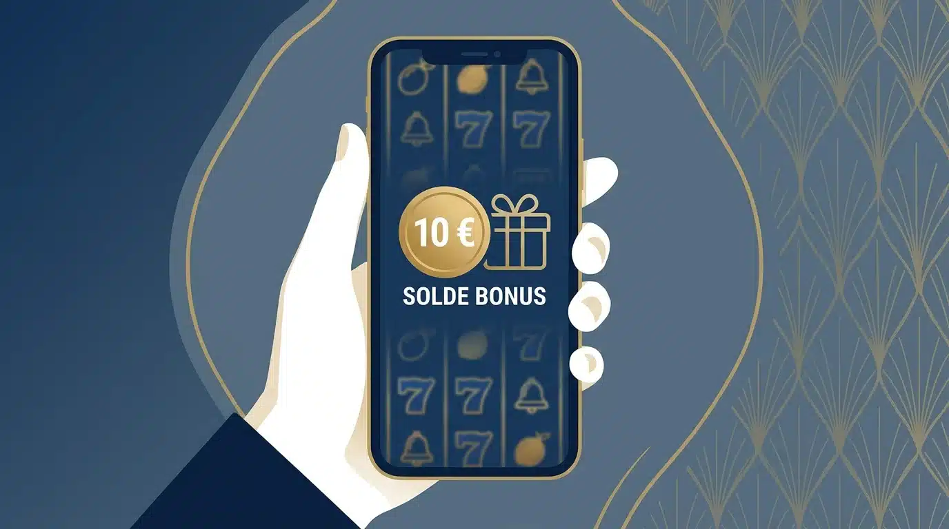 Écran de smartphone affichant un bonus de 10 euros sans dépôt sur un casino en ligne