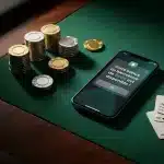 Table de casino avec jetons et smartphone affichant un bonus sans dépôt