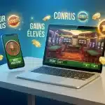 Illustration d'un bonus gratuit sans dépôt sur casino en ligne avec ordinateur et smartphone
