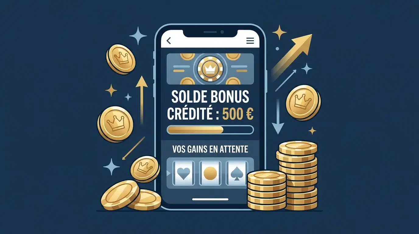 Écran de smartphone illustrant un bonus sans dépôt crédité sur un casino en ligne