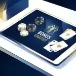 Tablette affichant des jetons de casino et une icône de bonus gratuit sans dépôt