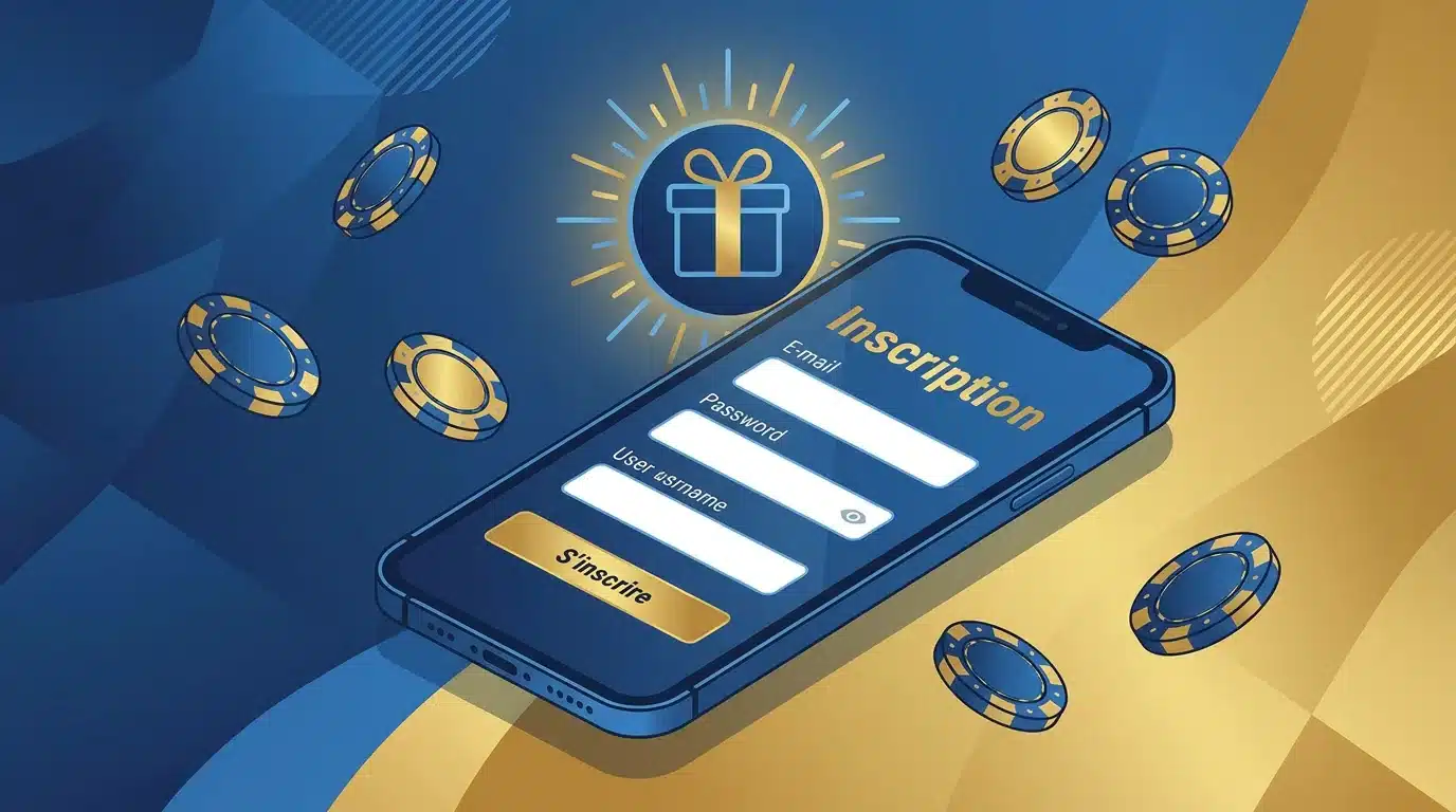 Écran de smartphone affichant une inscription à un casino en ligne avec bonus sans dépôt