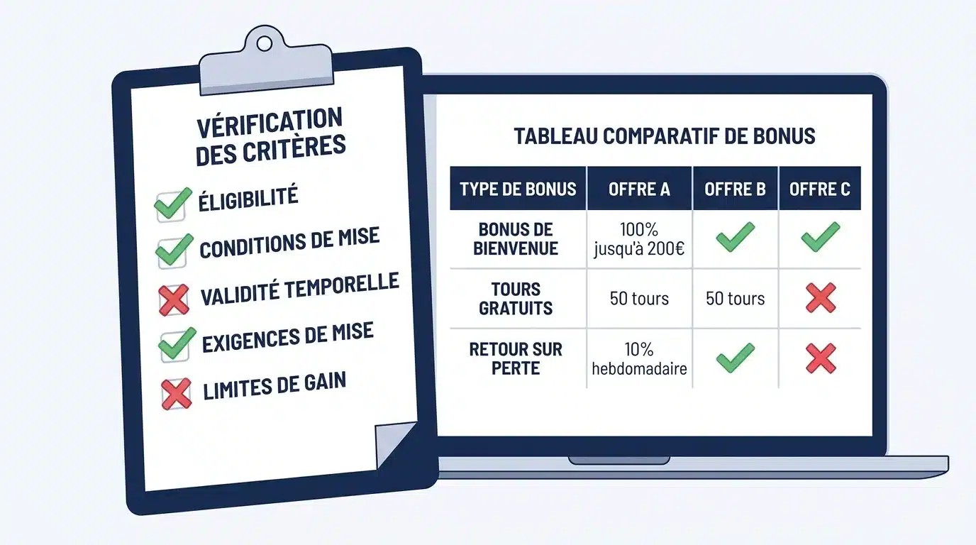 Checklist de vérification des bonus sans dépôt avec tableau comparatif
