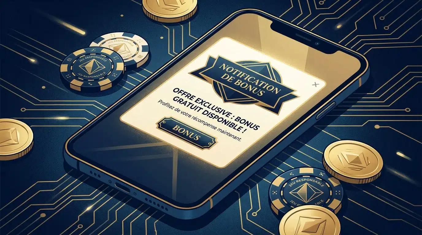 Écran de smartphone affichant un bonus sans dépôt sur un nouveau casino en ligne