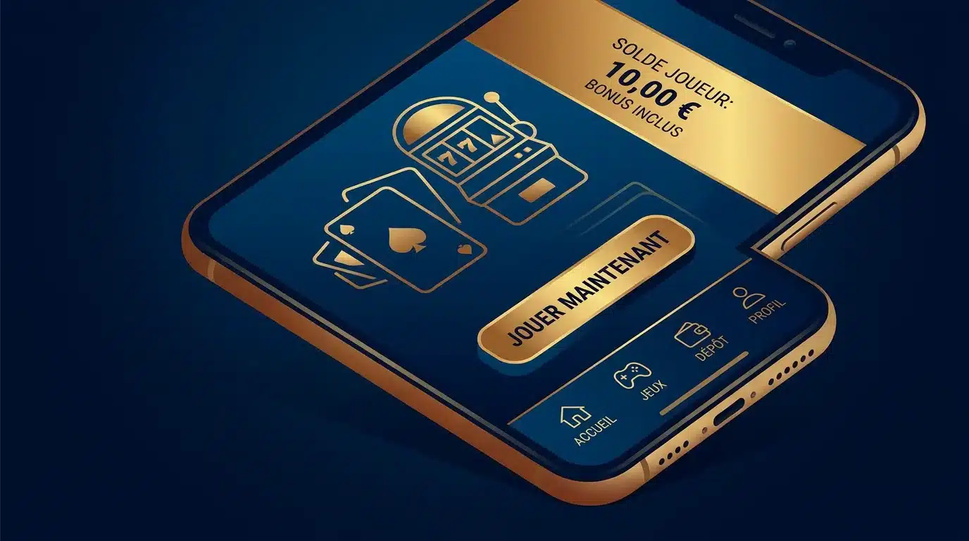 Écran de smartphone affichant un bonus de 10 euros sans dépôt sur un casino en ligne