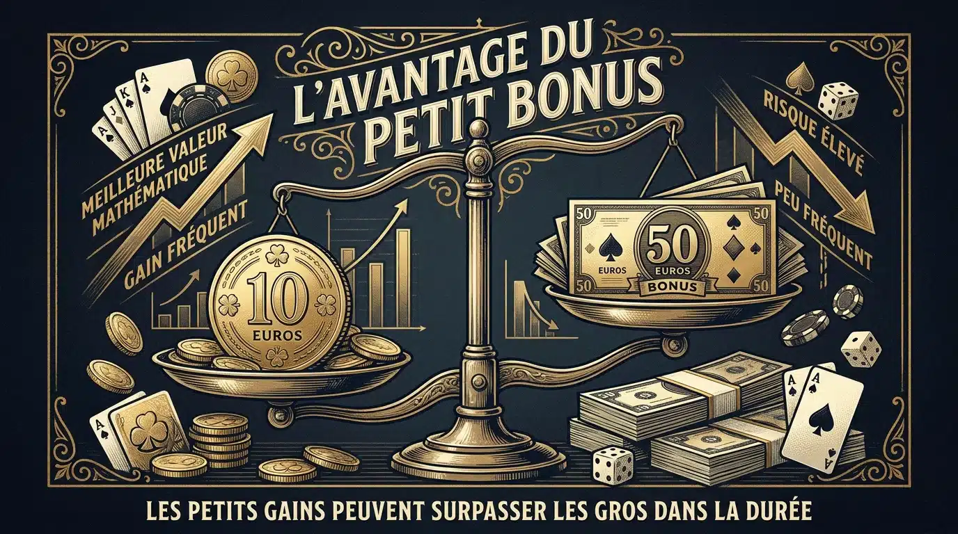 Comparaison visuelle entre un bonus de 10 euros et un bonus plus élevé montrant l'avantage du petit montant