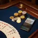 Table de jeu avec jetons et smartphone affichant un bonus de casino