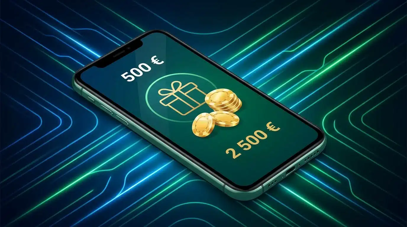 Interface de casino en ligne sur smartphone avec bonus et jetons