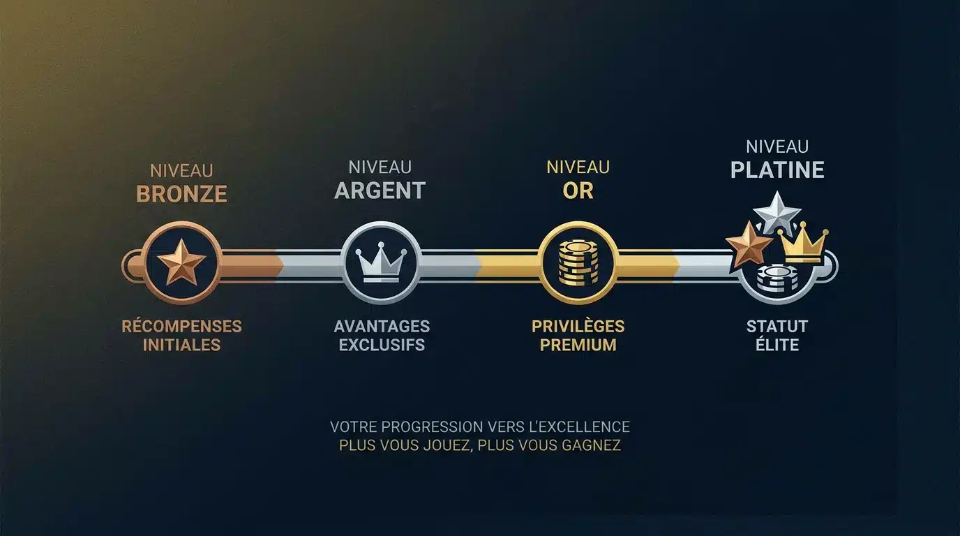Illustration des niveaux VIP progressifs dans un casino en ligne avec icônes de récompenses