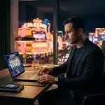 Joueur consultant un casino en ligne sur ordinateur portable dans une ambiance nocturne lumineuse