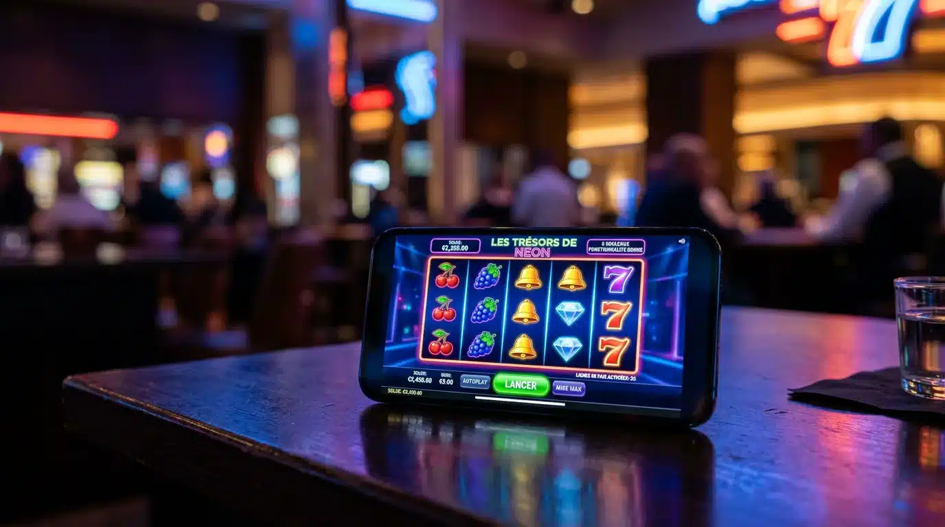 Téléphone affichant une machine à sous en ligne dans une ambiance lumineuse de casino