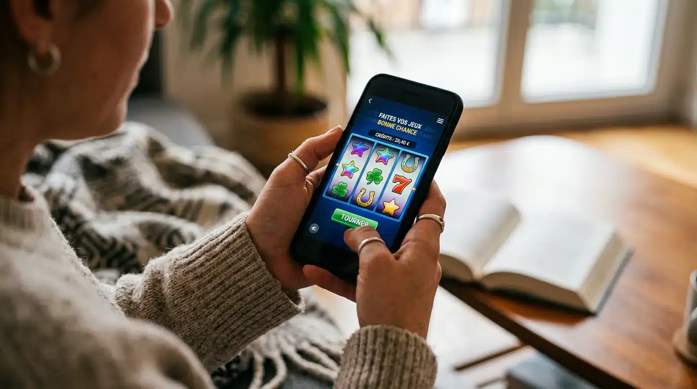 Personne jouant à une machine à sous sur smartphone à domicile