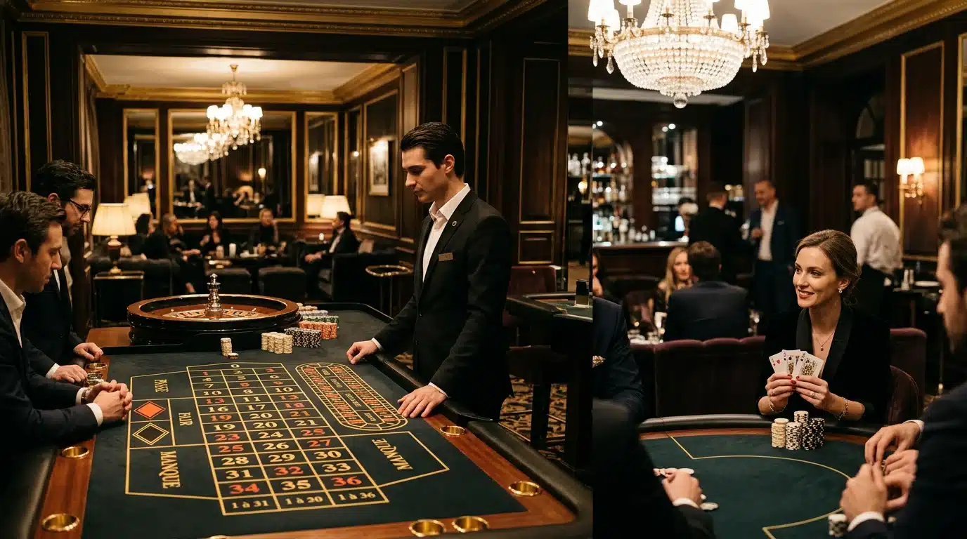 Salon de casino haut de gamme aux tons dorés évoquant un programme VIP
