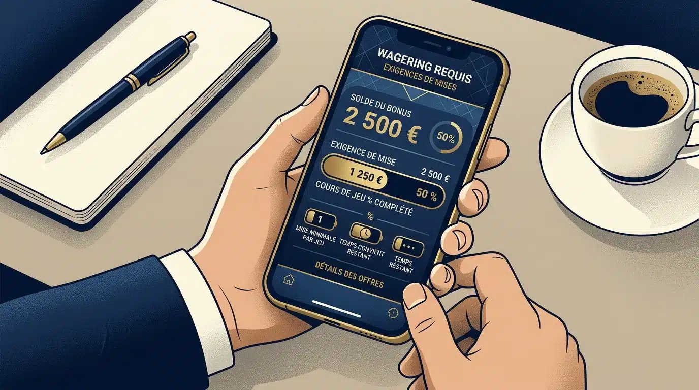 Illustration éditoriale des conditions de mise d'un bonus de casino sur smartphone