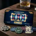 Smartphone affichant une interface de casino en ligne avec symbole de bonus sans dépôt