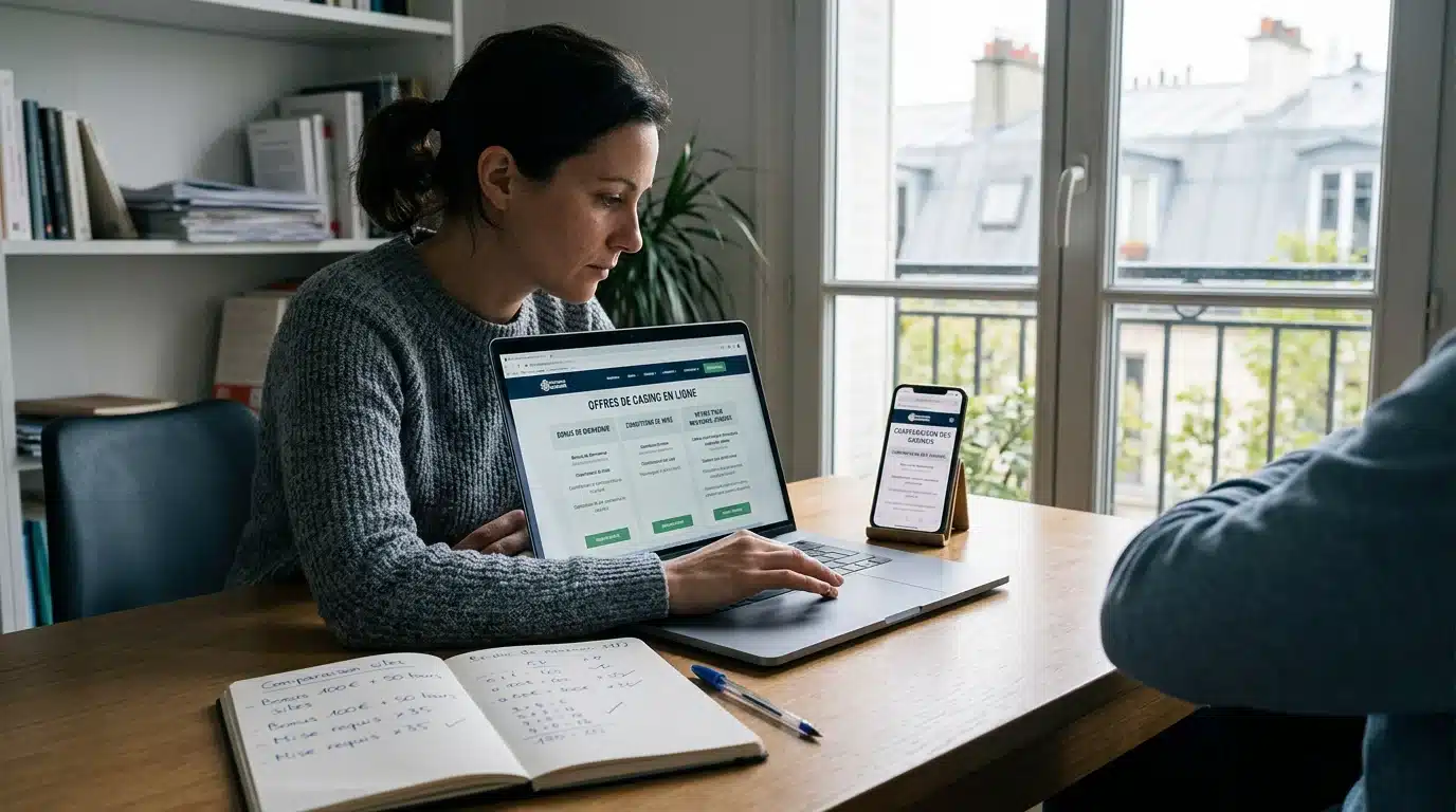 Joueur comparant les conditions de bonus de casinos en ligne sur ordinateur et mobile
