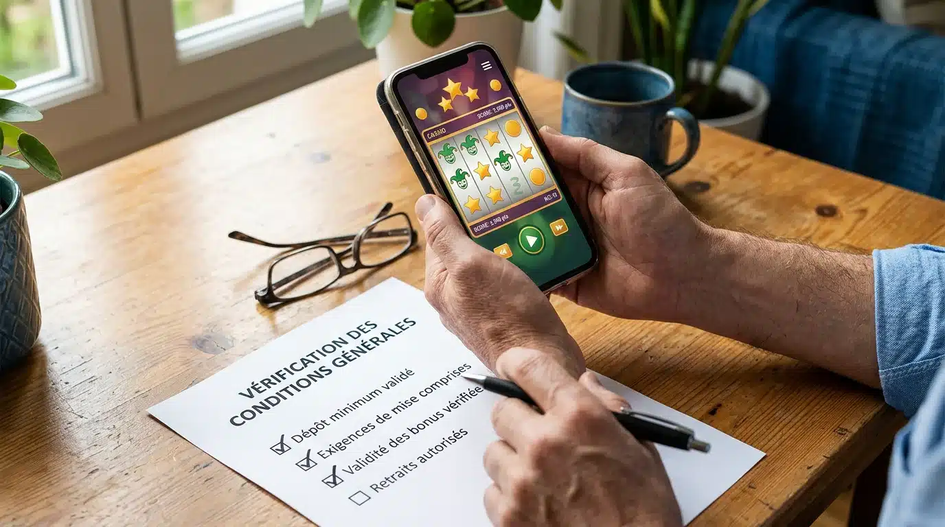 Vérification des conditions d'un bonus de casino en ligne sur mobile avec une checklist