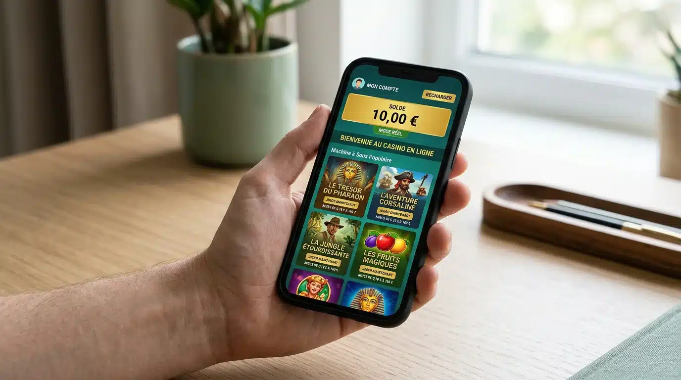 Smartphone affichant un crédit de 10 euros sur un casino en ligne