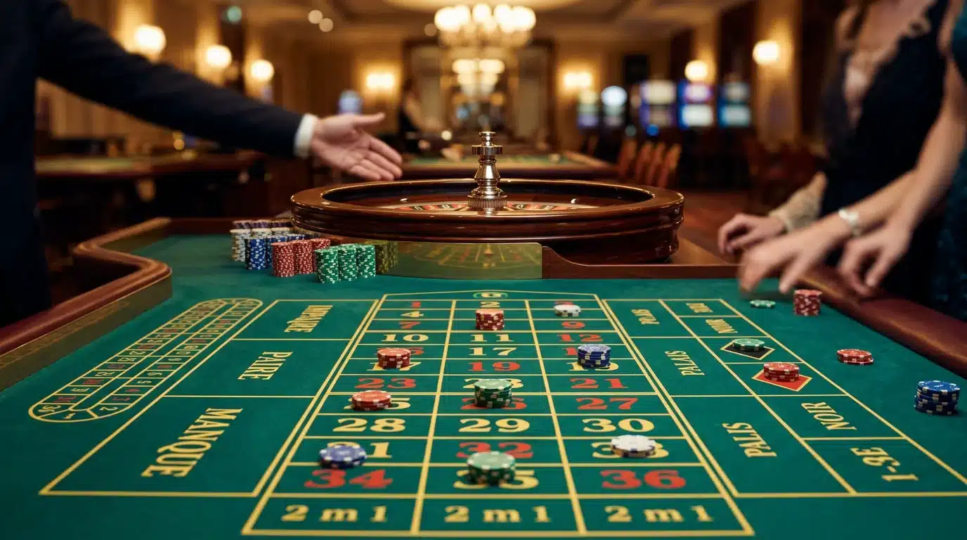 Table de roulette avec jetons colorés posés sur le tapis vert