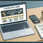 Bureau avec ordinateur portable affichant une offre de bonus de casino en ligne sans dépôt