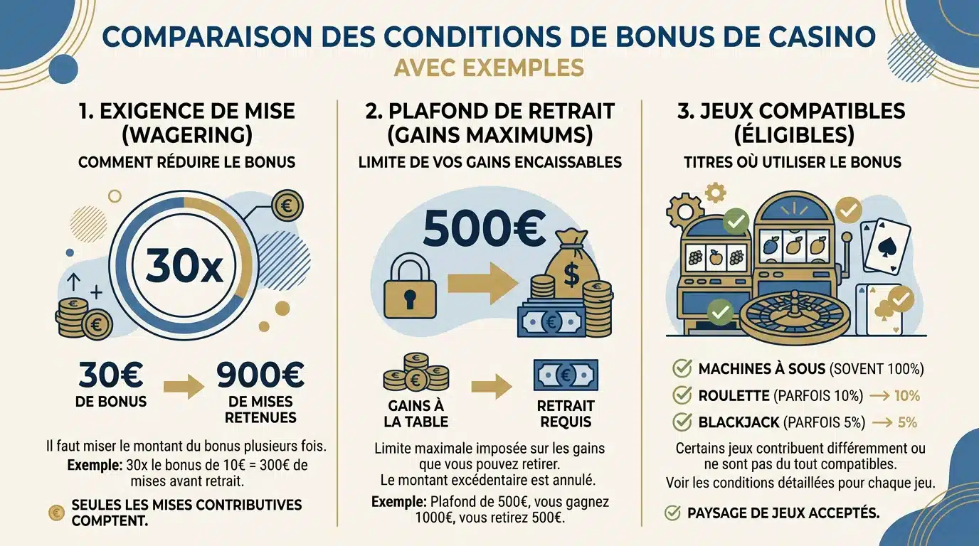 Infographie comparant les conditions d'un bonus de casino sans dépôt