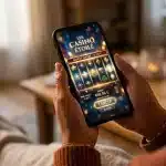 Joueur consultant un casino en ligne sur son smartphone à la maison