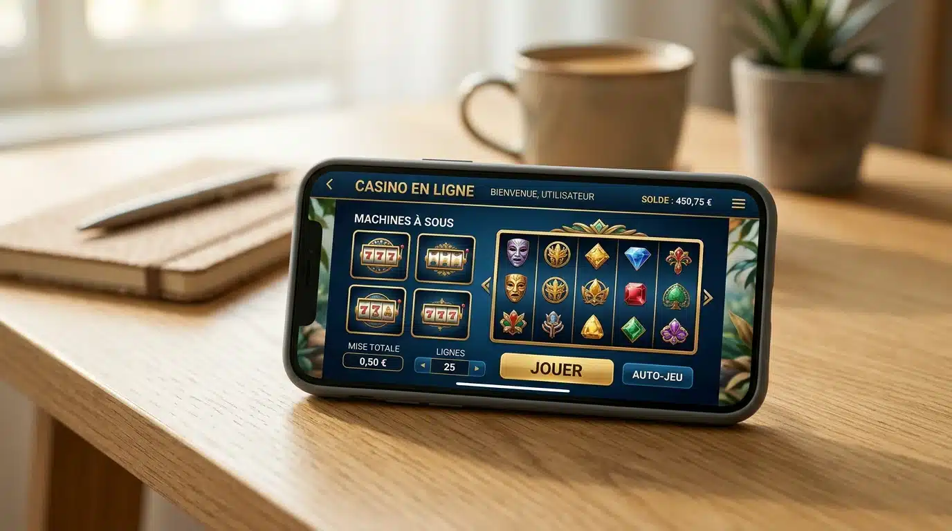 Téléphone affichant une interface de casino en ligne sur un bureau épuré