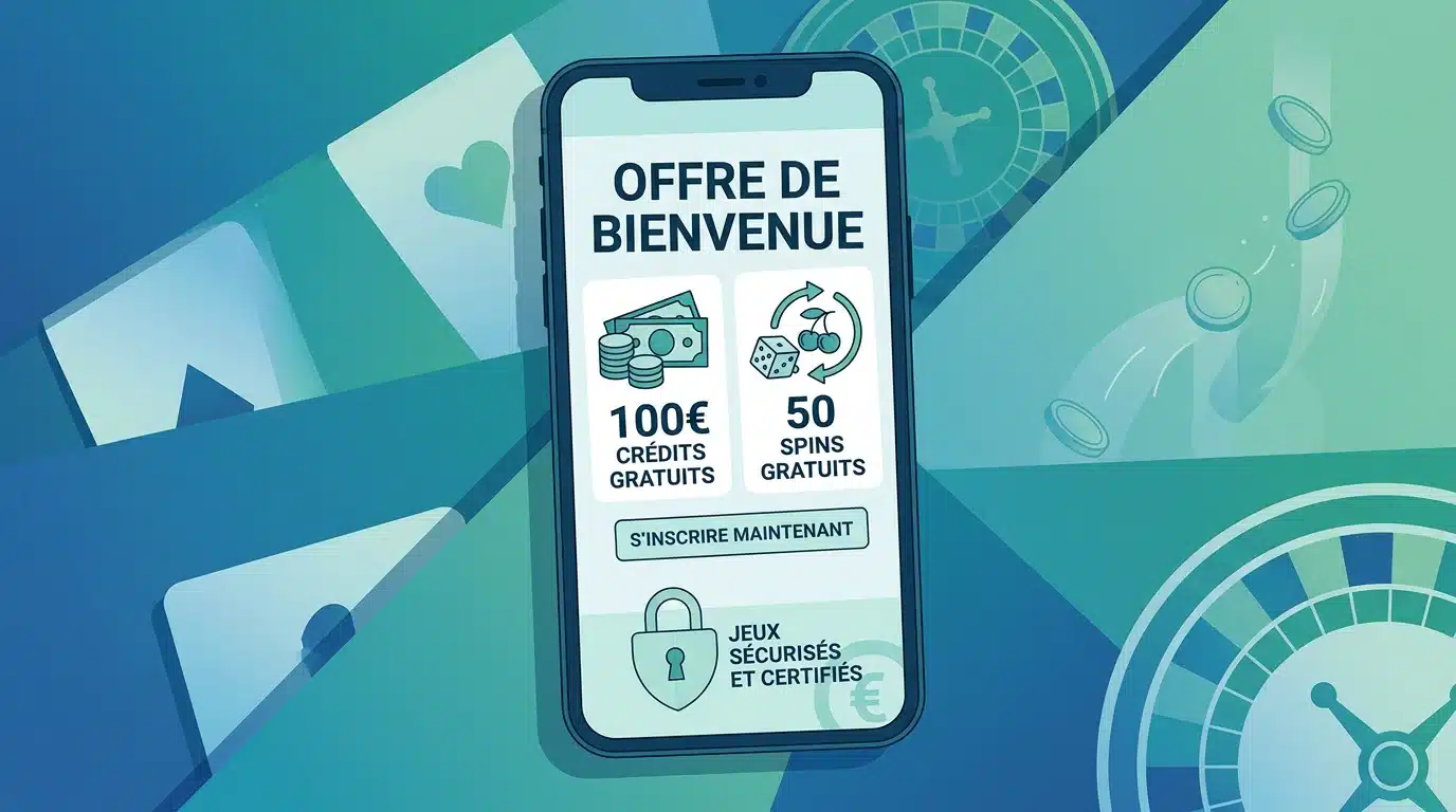 Illustration d'un bonus sans dépôt affiché sur un smartphone avec crédits gratuits et symbole de sécurité