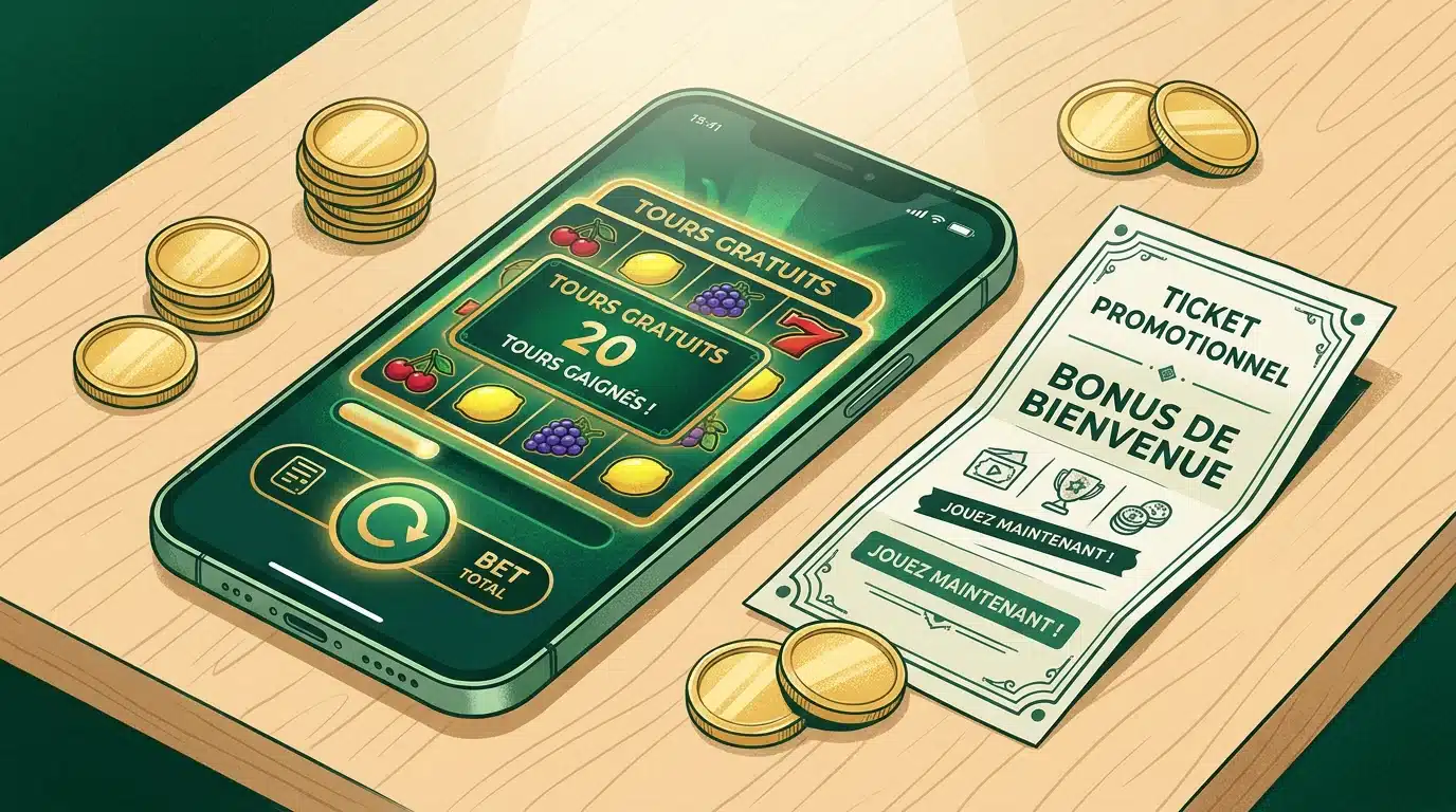 Illustration d'un smartphone affichant des tours gratuits de casino en ligne